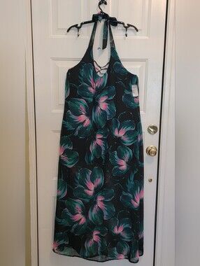 New Jennifer Lopez  Green & Pink Floral Halter Maxi Dress Size 16 Petite